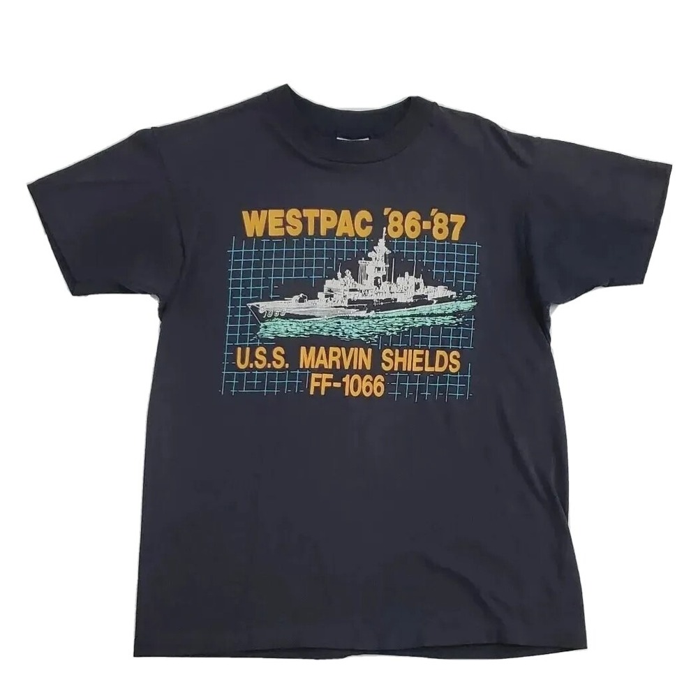 Vintage (Men's Large) Black T-Shirt Westpac 86-87 USS Marvin Shields FF-1066 Tee
